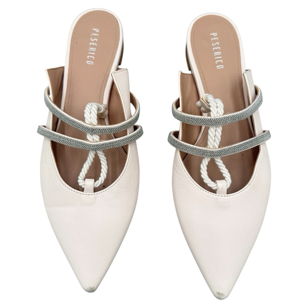 Peserico White Pointed Toe Slip-On Flats with Silver Straps